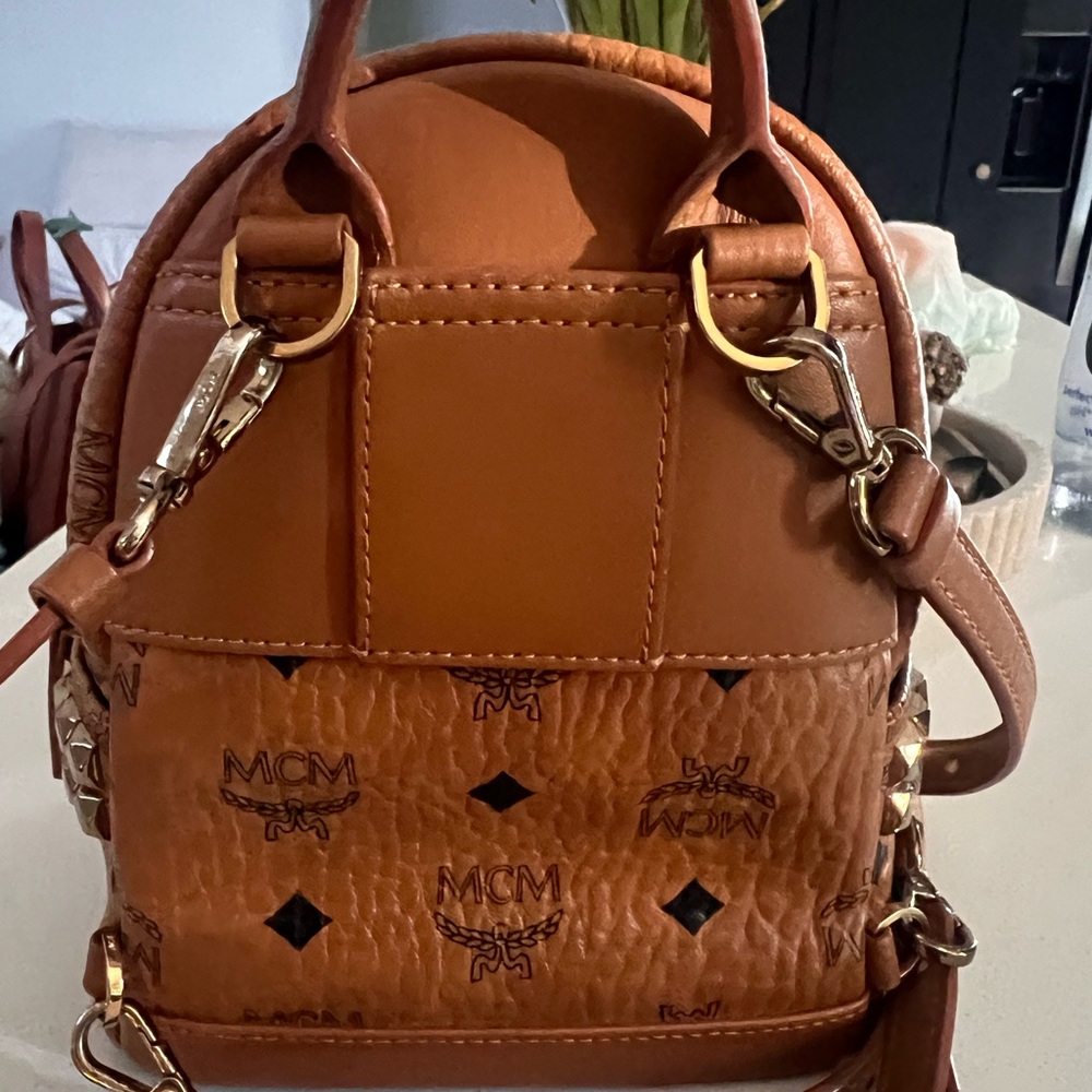 MCM Tan Leather Backpack with Black Logo - Picture 6 of 7